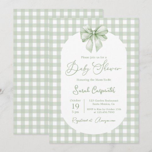 Bow Baby Shower Sage Green invitation with bow Kaart (Voorkant / Achterkant)