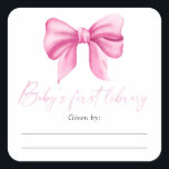 Bow - Baby showers boekenplank, boeken voor baby Vierkante Sticker<br><div class="desc">Roze Waterverf Bow Meisje Baby shower. Eenvoudig en elegant boog thema baby shower.</div>