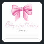 Bow - Baby showers boekenplank, boeken voor baby Vierkante Sticker<br><div class="desc">Roze Waterverf Bow Meisje Baby shower. Eenvoudig en elegant boog thema baby shower.</div>