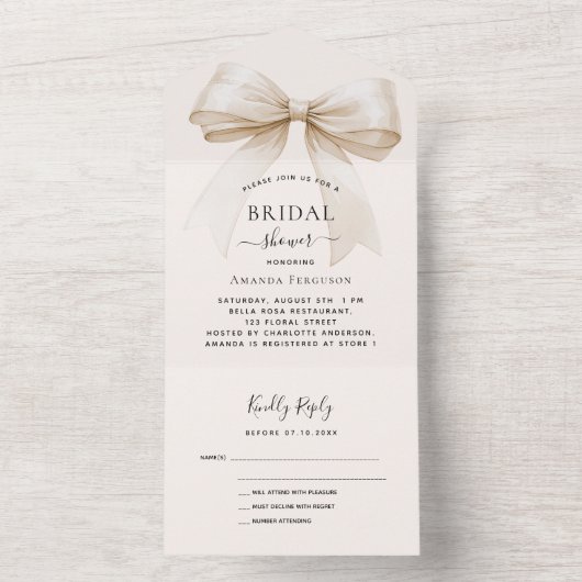 Bow beige crème Vrijgezellenfeest rsvp All In One Uitnodiging (Binnen)
