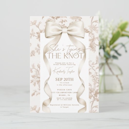 Bow Beige Toile Ze bindt het knoop Vrijgezellenfee Kaart (Staand voorkant)