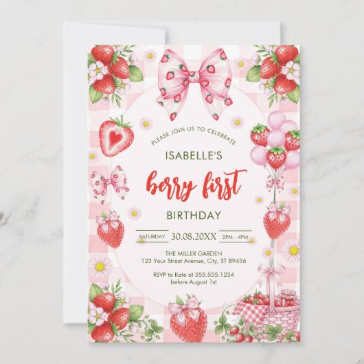 Bow Berry First Birthday 1st Birthday Invitation Kaart (Voorkant)
