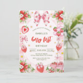 Bow Berry First Birthday 1st Birthday Invitation Kaart (Staand voorkant)