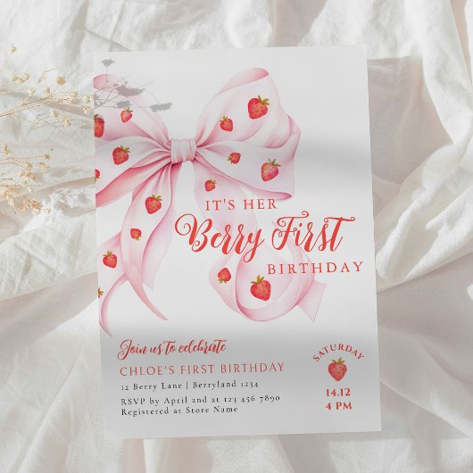 Bow Berry First Birthday Invitation Kaart