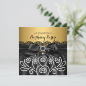 Bow Black Lace Gold faux Diamond Birthday Party Kaart (Staand voorkant)