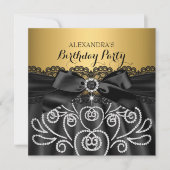Bow Black Lace Gold faux Diamond Birthday Party Kaart (Voorkant)