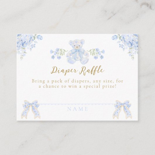 Bow Bloemen Teddybeer Toile Boy Baby shower Luier Informatiekaartje (Voorkant)