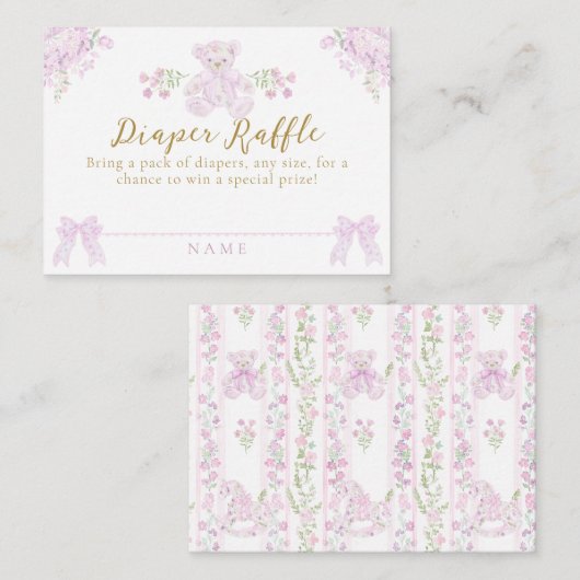 Bow Bloemen Teddybeer Toile Meisje Douche Luier Informatiekaartje (Voorkant / Achterkant)