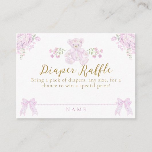 Bow Bloemen Teddybeer Toile Meisje Douche Luier Informatiekaartje (Voorkant)