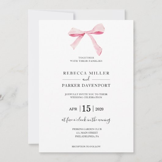 Bow bloemenelegante trendy bruiloft uitnodiging (Voorkant)