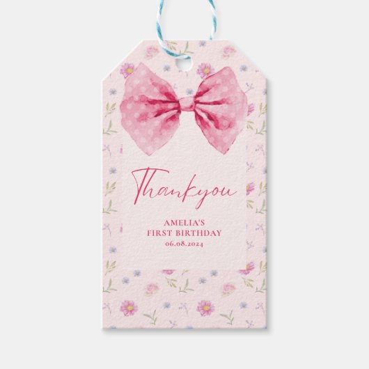 Bow bloemenkleine miss Onederful verjaardag gunst Cadeaulabel (Voorkant)