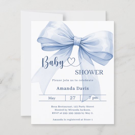 Bow blue boy Baby Shower invitation (Voorkant)