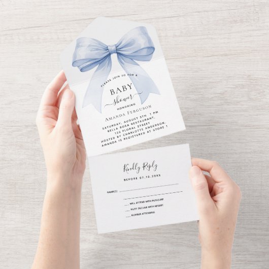 Bow blue boy Baby shower rsvp All In One Uitnodiging (Afscheurbaar)
