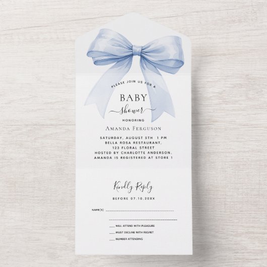 Bow blue boy Baby shower rsvp All In One Uitnodiging (Binnen)