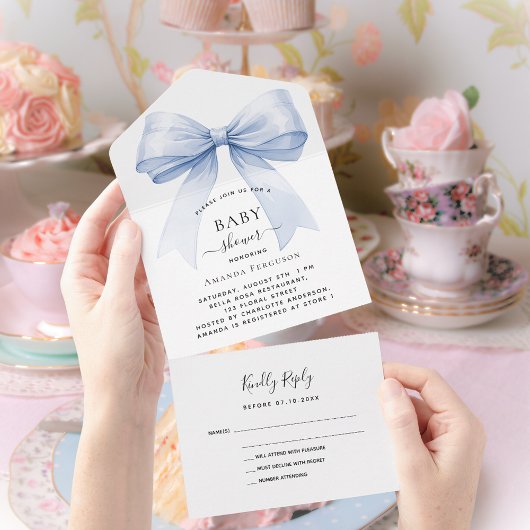 Bow blue boy Baby shower rsvp All In One Uitnodiging