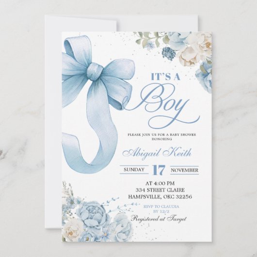 Bow Blue Coquette Boy Baby shower Uitnodiging (Voorkant)