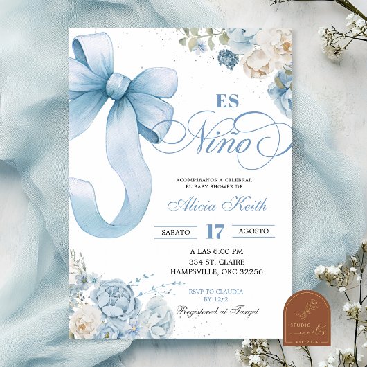 Bow Blue Coquette Spaans Es Nino Baby shower Kaart