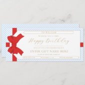 Bow Blue Stripe Happy Birthday Gift Voucher Kaart (Voorkant / Achterkant)