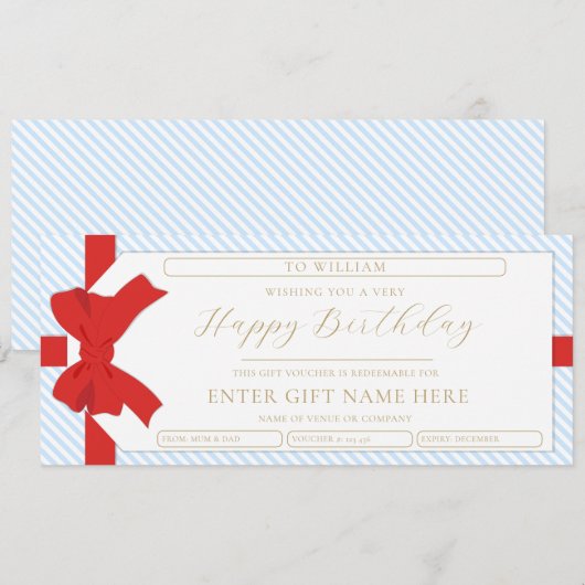 Bow Blue Stripe Happy Birthday Gift Voucher Kaart (Voorkant / Achterkant)