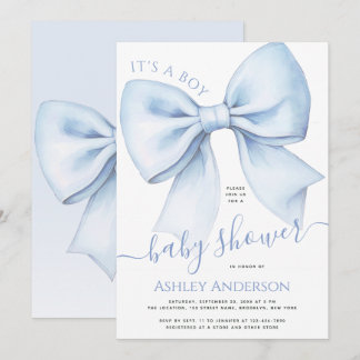 Bow Blue & White Watercolor It's a Boy Baby Shower Kaart