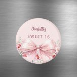 Bow blush pink flowers roses Sweet 16 Magneet<br><div class="desc">A blush pink colored background. Decorated with a large pink bow and pink flowers.  Personalize and add a name. Black handwritten style script.</div>