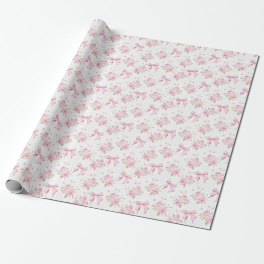 Bow Blush Roze Bloemen Baby shower Cadeaupapier (Uitgerold)