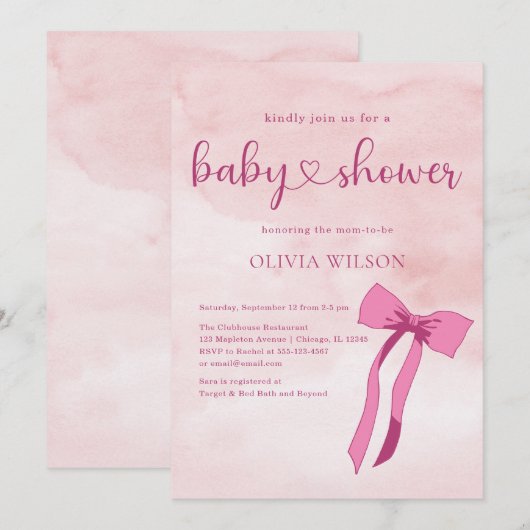 Bow Blush Roze Waterverf Lint Baby shower Kaart (Voorkant / Achterkant)
