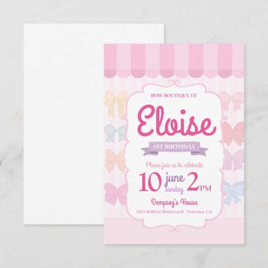 Bow Boutique Store 1st Birthday Invitation (Voorkant / Achterkant)