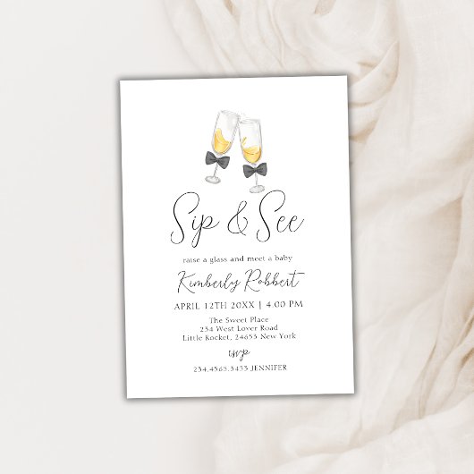 Bow Champagne Glass Sip & See Baby shower Kaart