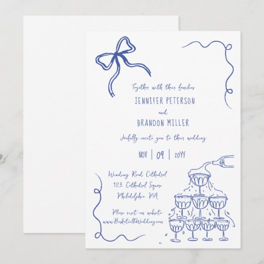 Bow champagne toren eigenzinnige bruiloft blauw kaart (Voorkant / Achterkant)