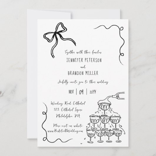 Bow champagne toren eigenzinnige bruiloft kaart (Voorkant)