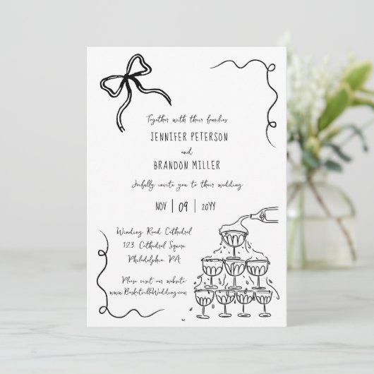 Bow champagne toren eigenzinnige bruiloft kaart (Staand voorkant)