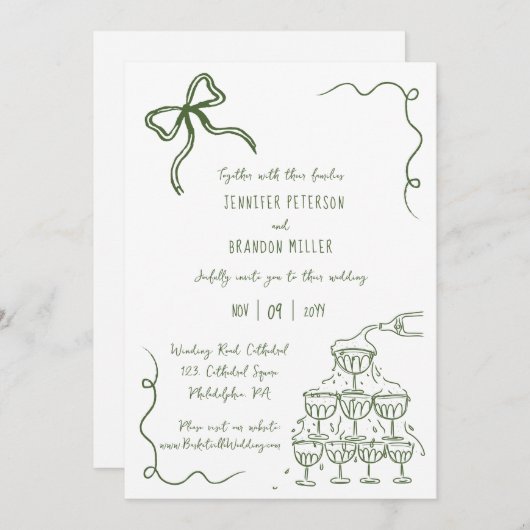 Bow champagnetoren eigenzinnig bruiloft groen kaart (Voorkant / Achterkant)