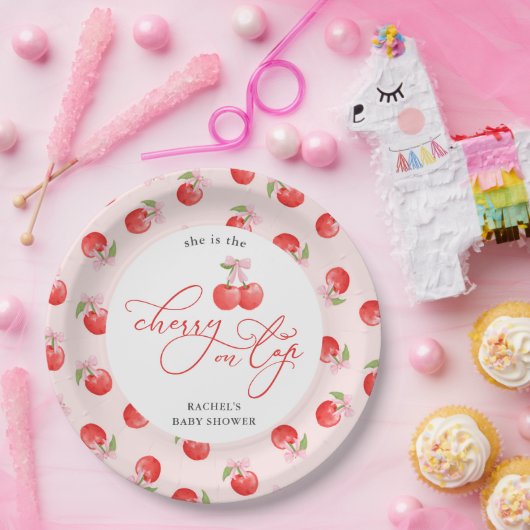 Bow Cherry op Top Baby Girl Shower Papieren Bordje (Feest)