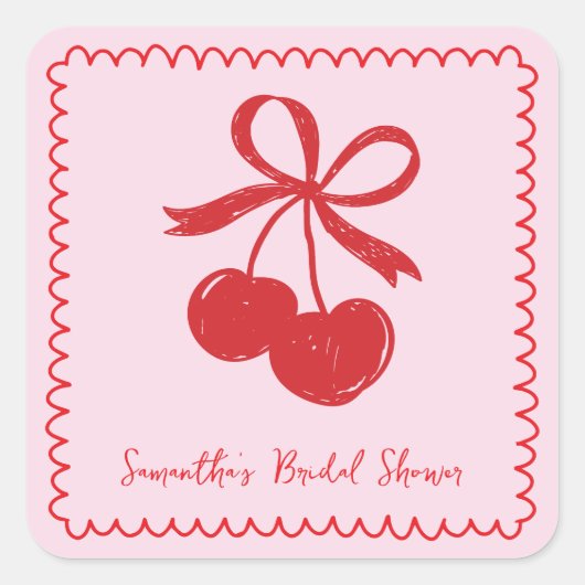 Bow Cherry Pink & Red Hand Drawn Vrijgezellenfeest Vierkante Sticker (Voorkant)