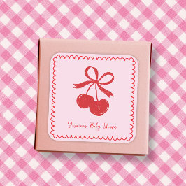 Bow Cherry Roze & Rode Hand getrokken Baby Meisje  Vierkante Sticker