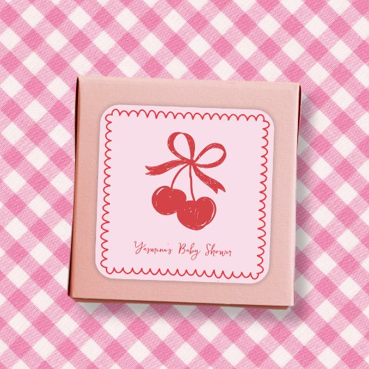 Bow Cherry Roze & Rode Hand getrokken Baby Meisje  Vierkante Sticker