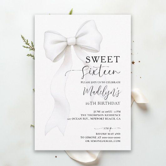 Bow Chic Black White Elegant Calligraphy Sweet 16 Kaart