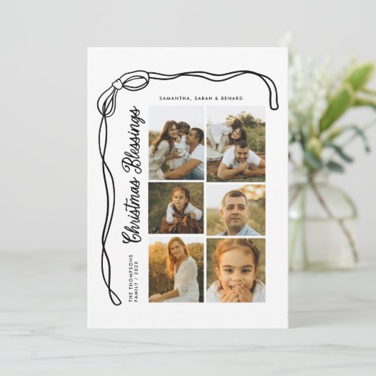 Bow Christmas Blessings Family 6 Photos  Feestdagenkaart (Staand voorkant)