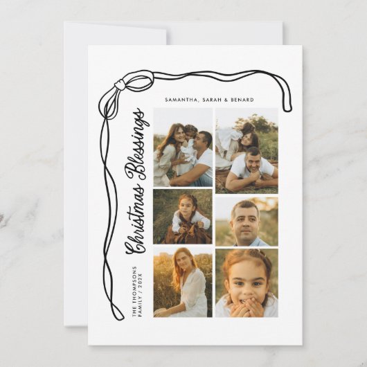 Bow Christmas Blessings Family 6 Photos Plaid Feestdagenkaart (Voorkant)