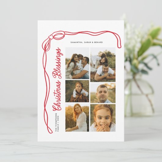 Bow Christmas Blessings Script Family 6 Photos Feestdagenkaart (Staand voorkant)
