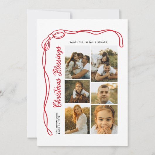 Bow Christmas Blessings Script Family 6 Photos Feestdagenkaart (Voorkant)