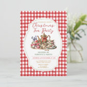 Bow Christmas Tea Party Bloemen Rode Gingham Vakan Kaart (Staand voorkant)