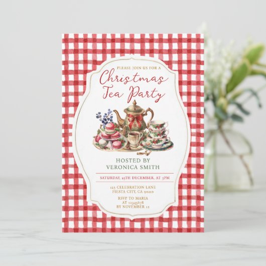 Bow Christmas Tea Party Bloemen Rode Gingham Vakan Kaart (Staand voorkant)