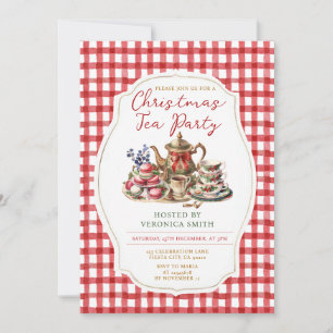 Bow Christmas Tea Party Bloemen Rode Gingham Vakan Kaart