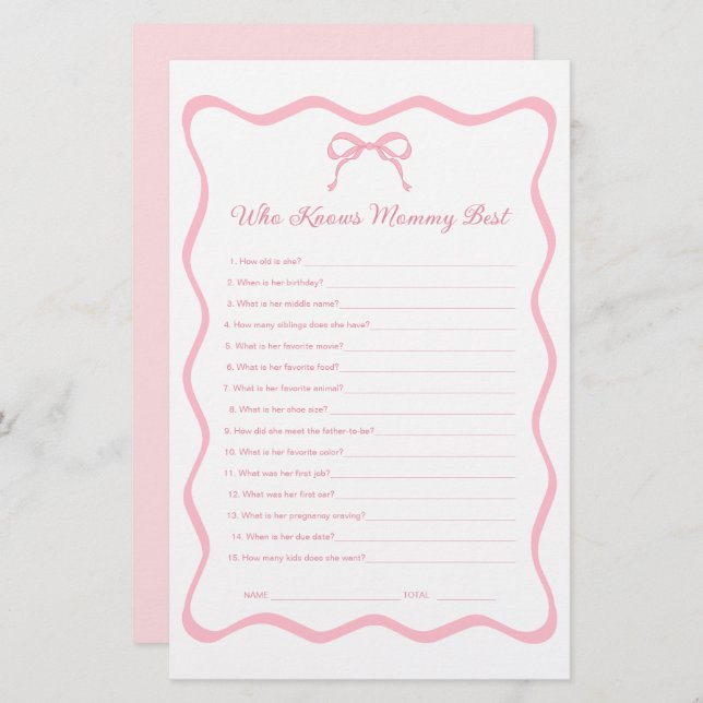 Bow Coquette Baby shower Wie kent mama beste spel (Voorkant / Achterkant)