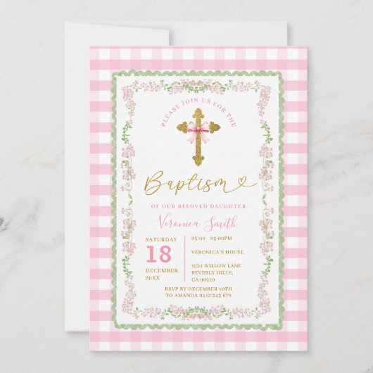 Bow Coquette Baptism Cross Grandmillenial Floral Kaart (Voorkant)