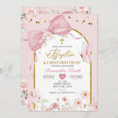 Bow Coquette Blush Pink Baptism & 1st Birthday Kaart (Voorkant / Achterkant)