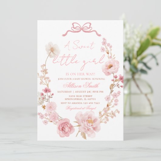 Bow Coquette Blush Pink Bow Baby Shower Invitation Kaart (Staand voorkant)