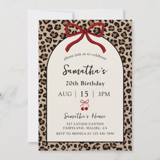 Bow Coquette Leopard Cheetah Birthday Invitation Kaart (Voorkant)